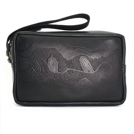 Aboriginal Mens Toiletry Leather Bag Black Etched with strap