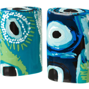 Bring some bright, Australian fun spice to your table with this pair of stunning salt and pepper shakers made with fine bone china, featuring the artwork 'Detail from 'Untitled', by May Mayiwalku (May Wokka) Chapman, courtesy of Martumili Artists.