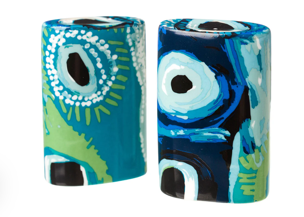 Bring some bright, Australian fun spice to your table with this pair of stunning salt and pepper shakers made with fine bone china, featuring the artwork 'Detail from 'Untitled', by May Mayiwalku (May Wokka) Chapman, courtesy of Martumili Artists.