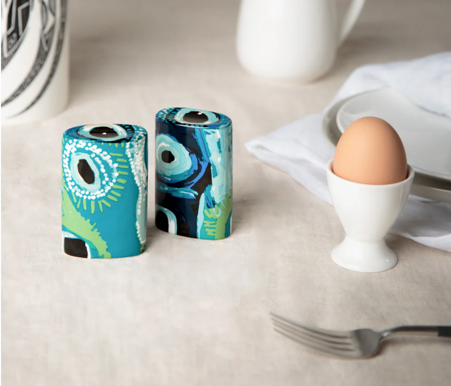 Bring some bright, Australian fun spice to your table with this pair of stunning salt and pepper shakers made with fine bone china, featuring the artwork 'Detail from 'Untitled', by May Mayiwalku (May Wokka) Chapman, courtesy of Martumili Artists. Bring some bright, Australian fun spice to your table with this pair of stunning salt and pepper shakers made with fine bone china, featuring the artwork 'Detail from 'Untitled', by May Mayiwalku (May Wokka) Chapman, courtesy of Martumili Artists.